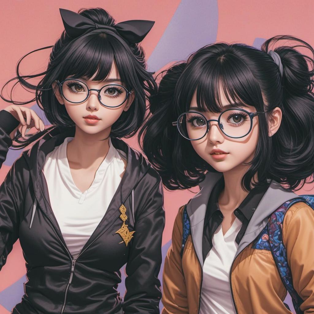  2 girls together one short black hair up to her shoulder with black square glasses round face two black headscarf oval pointy chin big eyes long lash, anime style, manga style, manhwa style