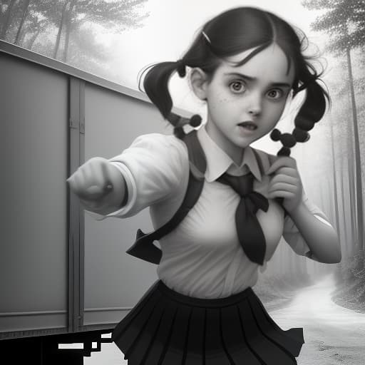  crazy schoolgirl with a beautiful face two pigtails in a black school uniform on a truck waving a magic wand, dirty forest road, summer, magic, photorealistic, 4k, dynamic, action packed, thrilling, by neil leifer, walter iooss jr., bob martin, eadweard muybridge, robert capa