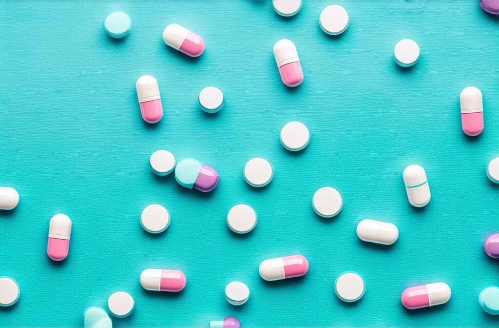  professional detailed photography, abstract background with medical pills. medicine and healthcare concept. ar 3:2, (muted colors, dim colors, soothing tones), (vsco:0.3)