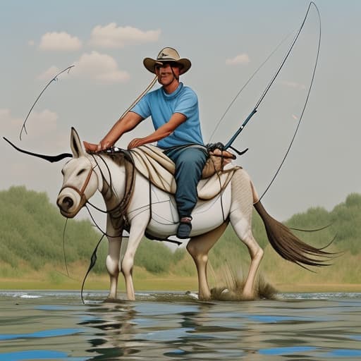  A catfish riding a donkey, and holding a big fishing pole.