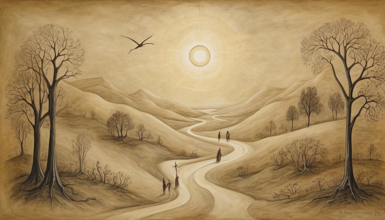  on parchment, surrealism++, glistening path emerging, figures at crossroads, ethereal light guiding forward, shifting landscapes, transformation, new beginnings(mysterious, provocative, symbolic)++