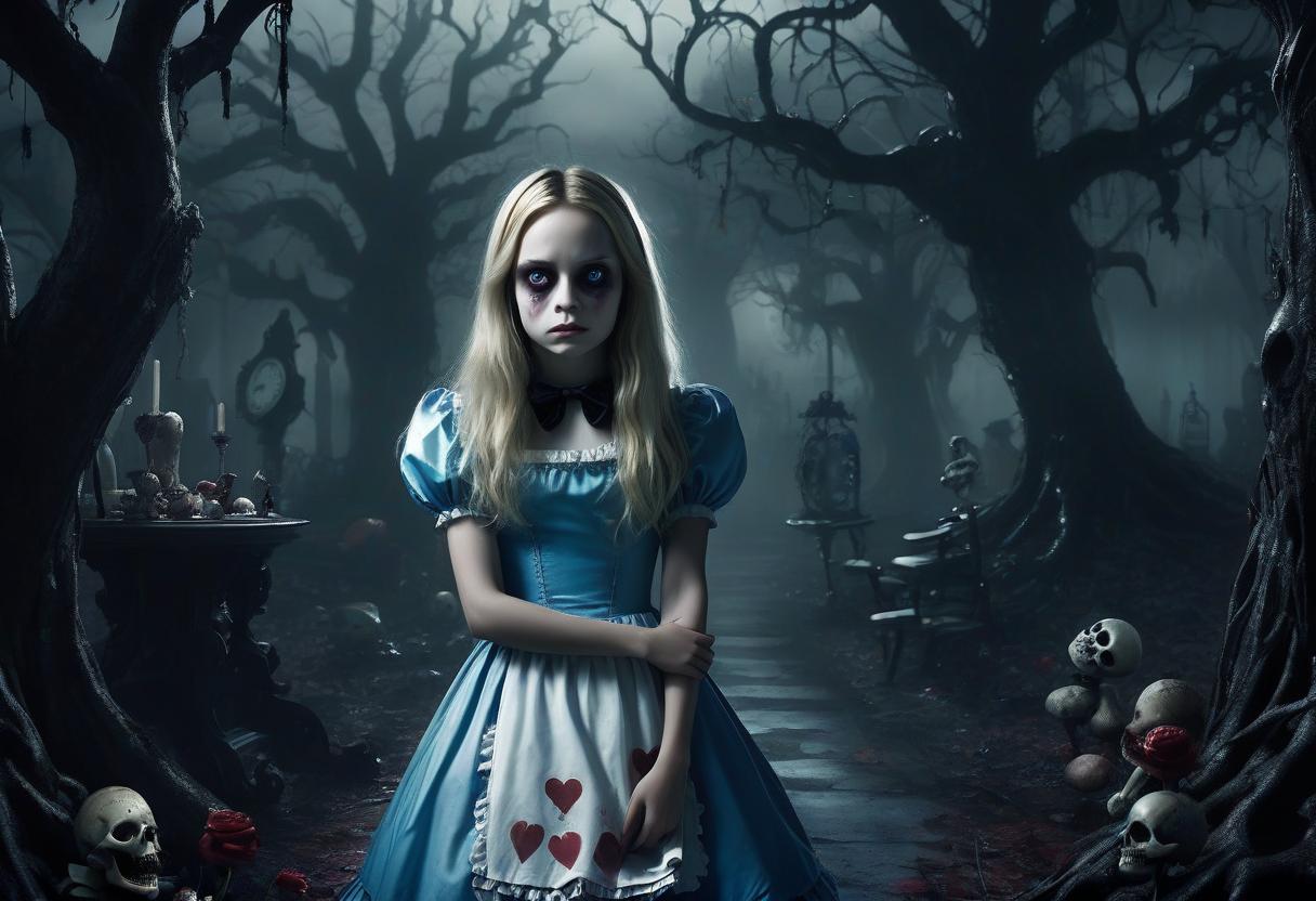  horror themed alice in wonderland, sister, sadness, death . eerie, unsettling, dark, spooky, suspenseful, grim, highly detailed, hkmagic