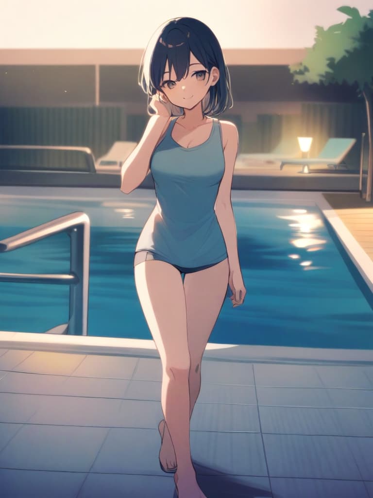  s (male ), short hair, cute smile, (dark blue ), whole body, poolside,