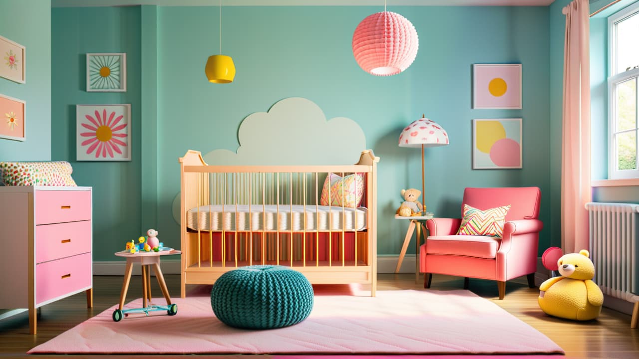  a serene nursery filled with essential baby gear: a cozy crib, a colorful playmat, stylish diaper bag, plush toys, and a sleek stroller. soft lighting highlights the delicate textures and soothing pastel colors. hyperrealistic, full body, detailed clothing, highly detailed, cinematic lighting, stunningly beautiful, intricate, sharp focus, f/1. 8, 85mm, (centered image composition), (professionally color graded), ((bright soft diffused light)), volumetric fog, trending on instagram, trending on tumblr, HDR 4K, 8K