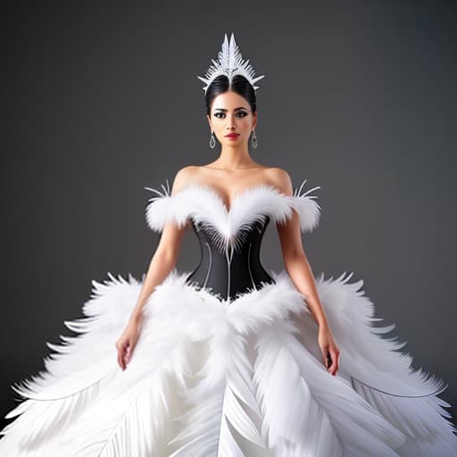  Black and white painted ball gown with feathers hyperrealistic, full body, detailed clothing, highly detailed, cinematic lighting, stunningly beautiful, intricate, sharp focus, f/1. 8, 85mm, (centered image composition), (professionally color graded), ((bright soft diffused light)), volumetric fog, trending on instagram, trending on tumblr, HDR 4K, 8K