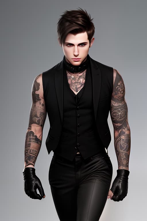  brunette guy with short hair, black vest. tattoos on hands, half gloves, black pants. boots on feet, agent