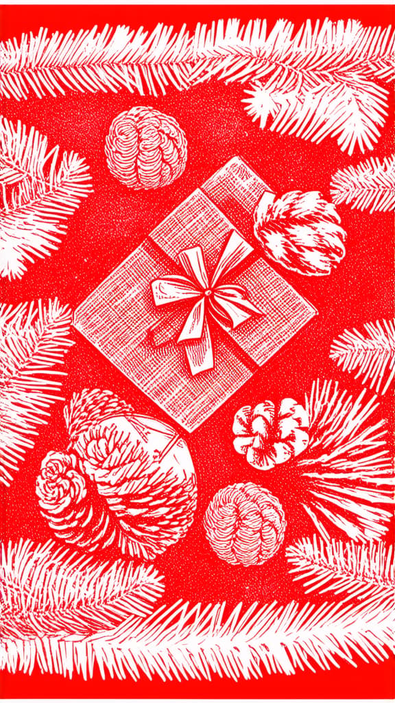  contour, very simple image in one unbroken black ink line, single line of on a red background, gifts with spruce branches and cones lie around the edges ar 9:16 using a single continuous black line ink brushon white background, drawing should be created without lifting the pen, recognizable features of on a red background, gifts with spruce branches and cones lie around the edges ar 9:16 in one unbroken line