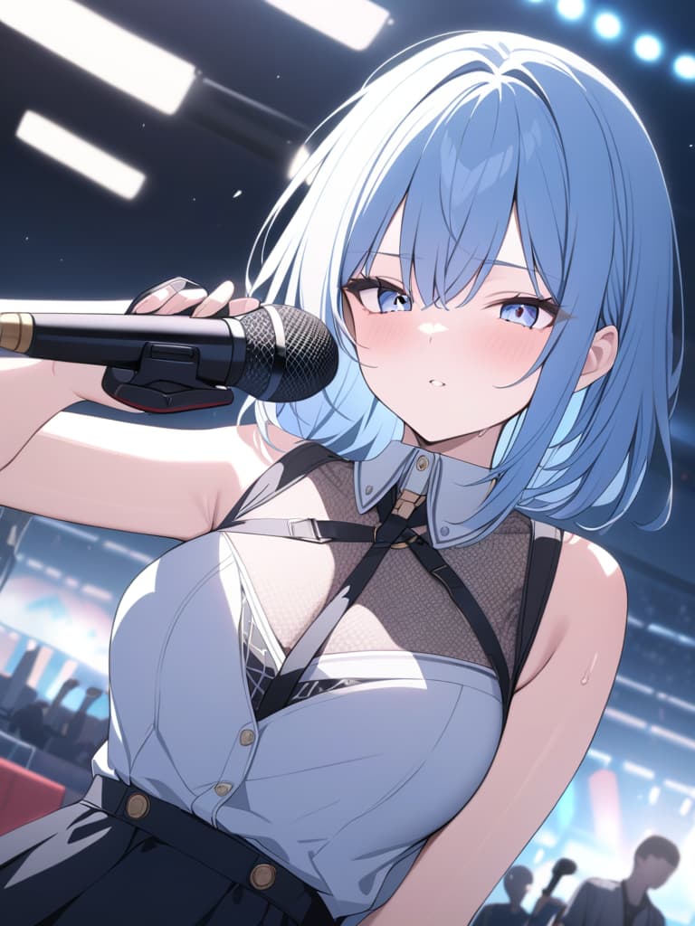  light blue hair, light blue, bob hair, singer, very popular, outdoor live, microphone, penlight, masterpiece, best quality,8k,ultra detailed,high resolution,an extremely delicate and beautiful,hyper detail