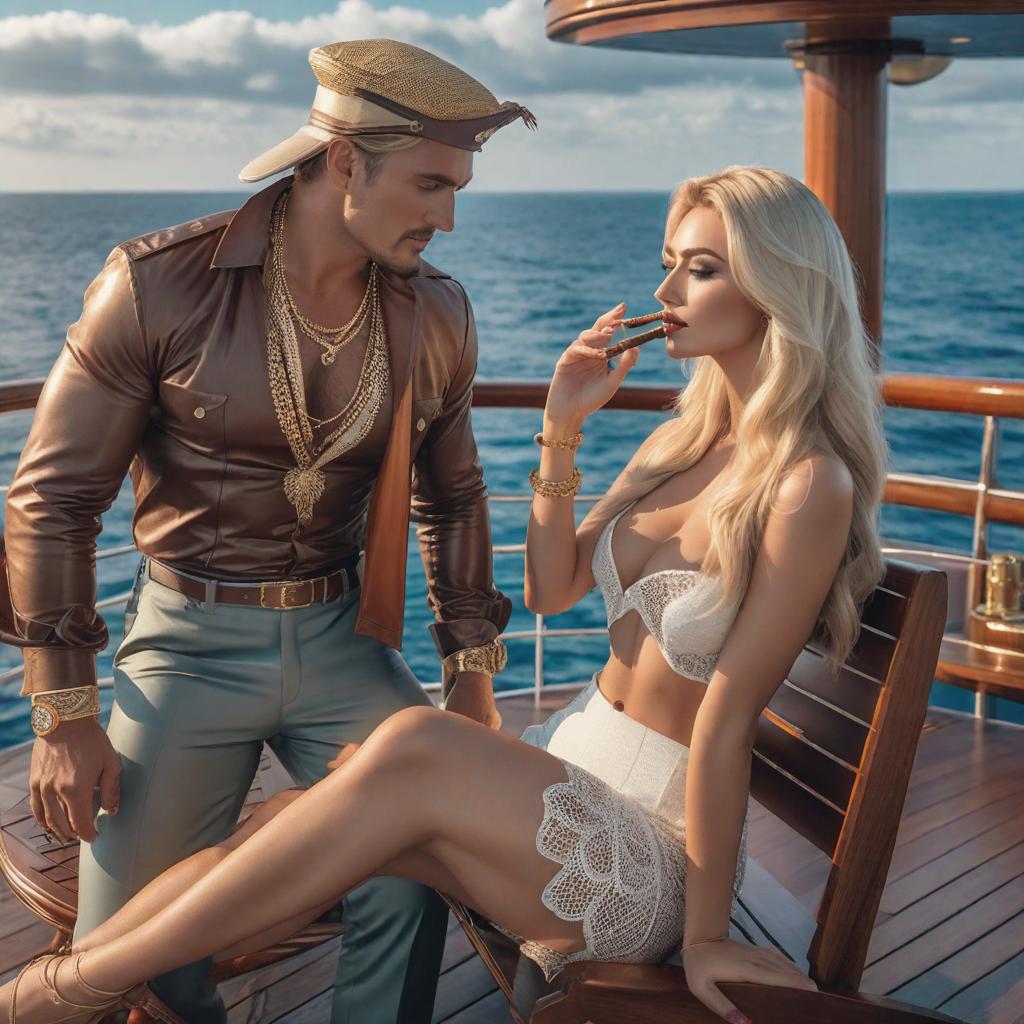  a man smoking cigar with beautiful russian blonde girl beside him on a modern luxury yhat deck in the middle of the sea hyperrealistic, full body, detailed clothing, highly detailed, cinematic lighting, stunningly beautiful, intricate, sharp focus, f/1. 8, 85mm, (centered image composition), (professionally color graded), ((bright soft diffused light)), volumetric fog, trending on instagram, trending on tumblr, HDR 4K, 8K