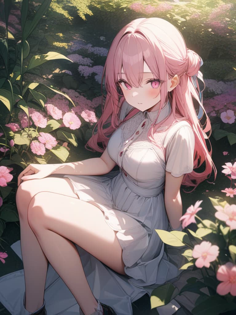  has pink cosmos, pink eyes, pink hair, , cute, , sitting in the flower garden,, masterpiece, best quality,8k,ultra detailed,high resolution,an extremely delicate and beautiful,hyper detail