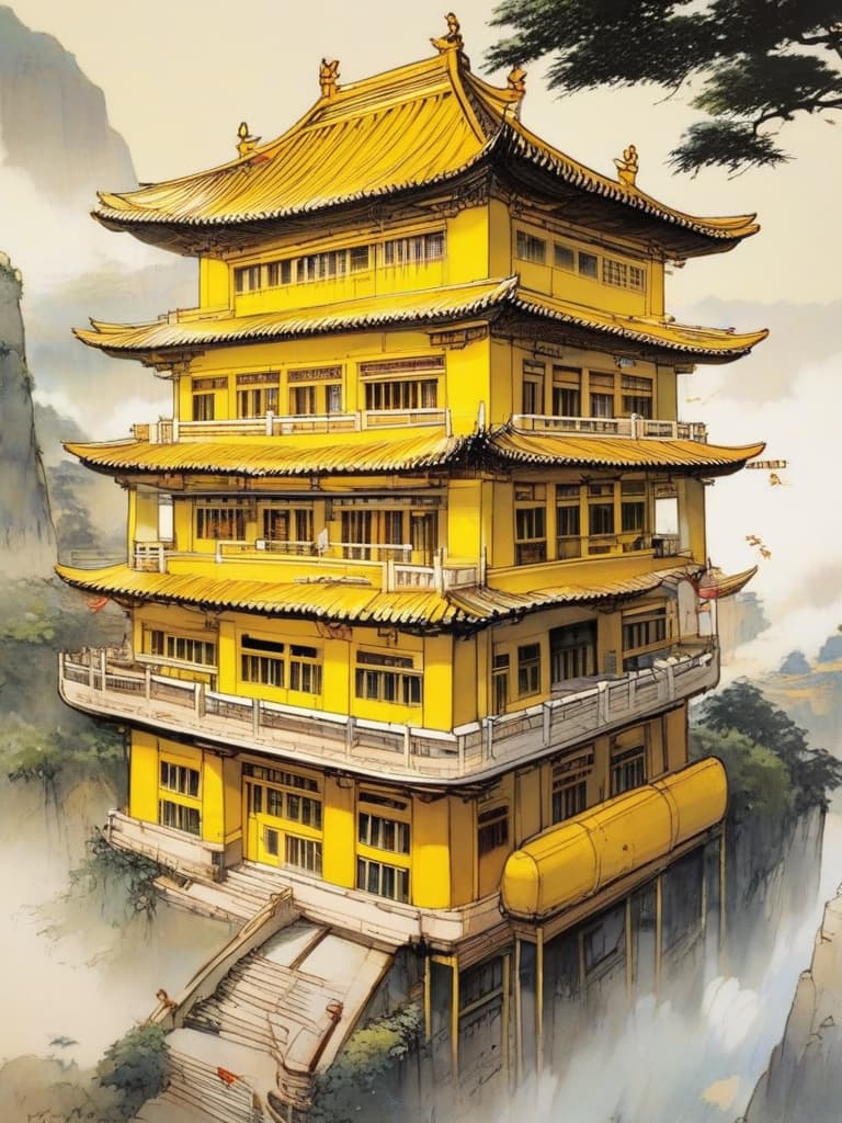  from the height of the yellow crane building, the yellow crane building is standing on the side of the yangtze river, with a picture of the surroundings and a stairwell。