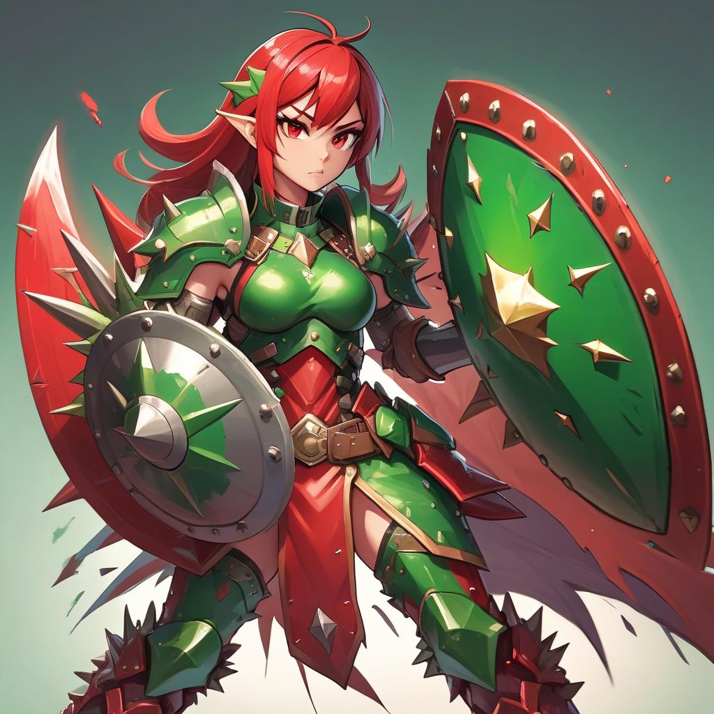  fighting game style a girl, wearing studded armor and holding a large shield with big spikes, all clothes in red and green colors . dynamic, vibrant, action packed, detailed character design, reminiscent of fighting video games