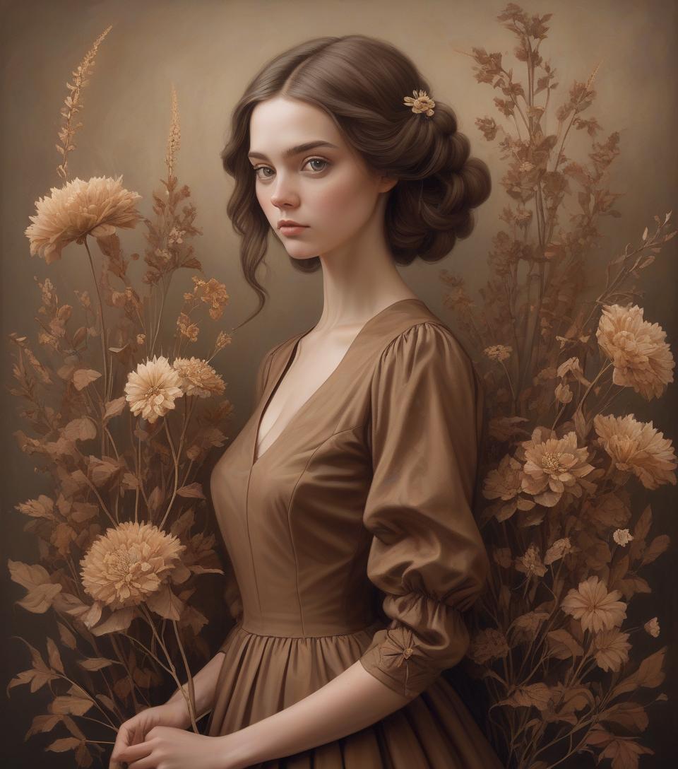  hyperrealistic art portrait, beautiful young woman wearing brown dress, dry flowers, by daniel merriam, abigail larson. . extremely high resolution details, photographic, realism pushed to extreme, fine texture, incredibly lifelike