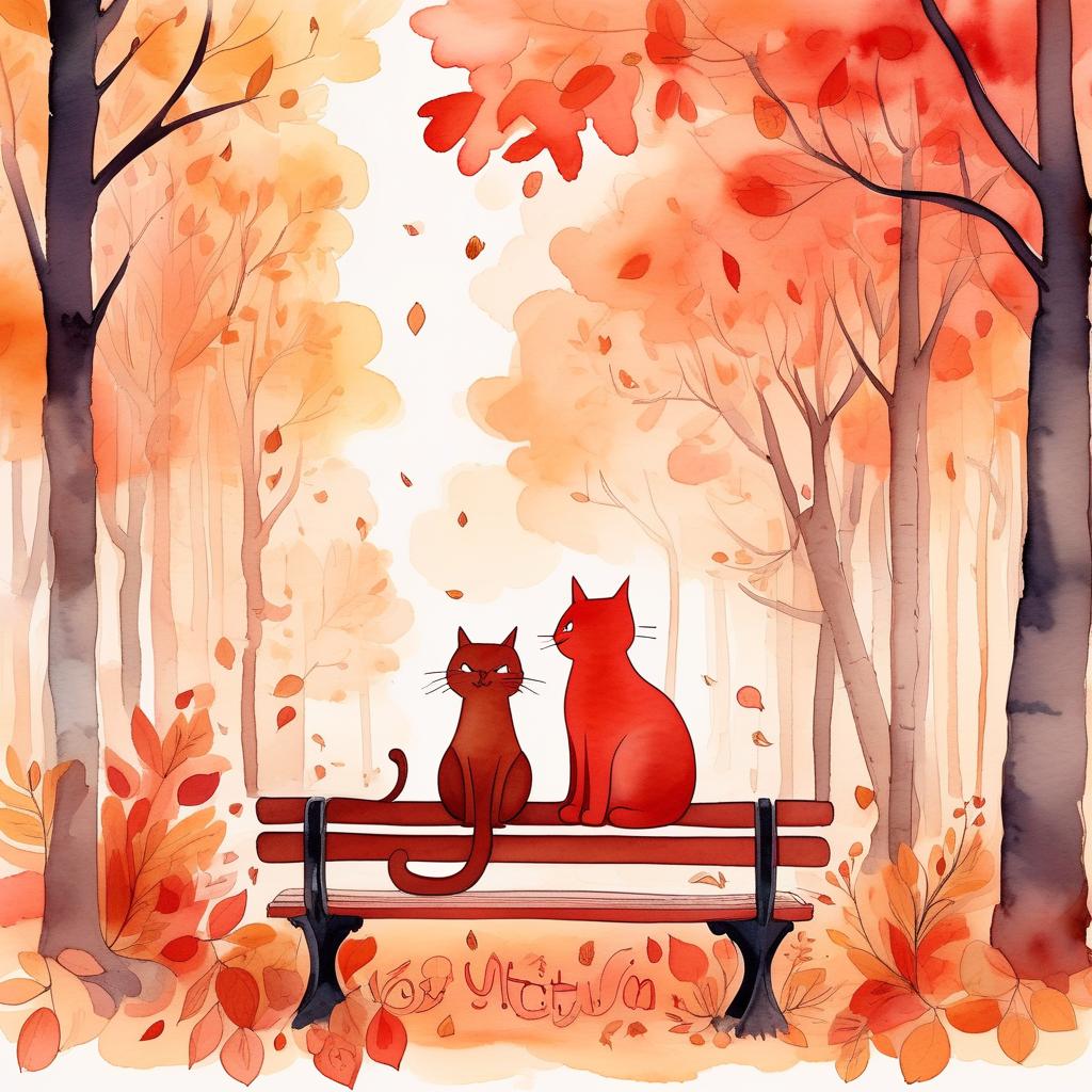  typographic art (painted) (watercolor) cute autumn forest background, autumn forest, soft shades, thin (ink outlines), objects on the edges of the sheet, many details, masterpiece, harmonious composition, autumn evening in a chestnut park, red brown colors, two cats are sitting on a bench, one cat is black and red, the second cat is white and red, the cats touch each other with their noses . stylized, intricate, detailed, artistic, text based