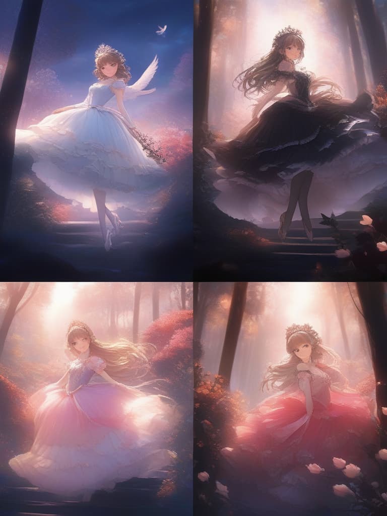  detailed,vivid colors,rough forest background,(masterpiece,hyper quality 1 5),ultra detailed,highlight eyes,detailed face,looking,scenery,master piece,best quality,ultra detailed,high resolution,8k,a ballerina,ballerina clothes,cute dollike girls,a sea of clouds illuminated by moonlight,dark forest world,magical animals,charming girls,gothic lolita,100 tiered ruffle,dark gradient,black swan hyperrealistic, full body, detailed clothing, highly detailed, cinematic lighting, stunningly beautiful, intricate, sharp focus, f/1. 8, 85mm, (centered image composition), (professionally color graded), ((bright soft diffused light)), volumetric fog, trending on instagram, trending on tumblr, HDR 4K, 8K