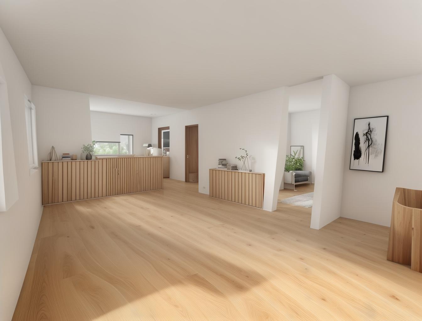  produce a photorealistic rendering of a minimalist living room with a wooden floor. the space should feature a simple, modern sofa as the focal point, with clean lines and neutral colors that complement the natural wood grain of the flooring.