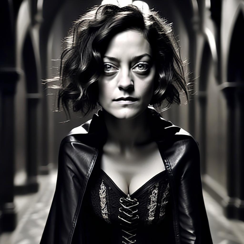  macabre style marion cotillard is a thief fighter in a black and white corset and cloak, with leather elbows, standing in full height in a dark hall. . dark, gothic, grim, haunting, highly detailed, perfecteyes, perfect hands