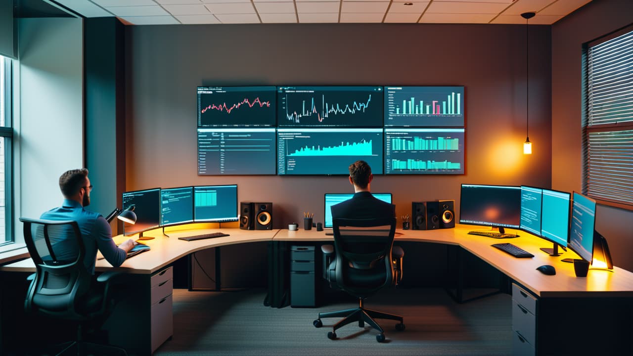  a modern office scene with a diverse group of api developers collaborating at sleek desks, surrounded by code on screens, surrounded by charts showing salary growth, with coffee cups and tech gadgets scattered around. hyperrealistic, full body, detailed clothing, highly detailed, cinematic lighting, stunningly beautiful, intricate, sharp focus, f/1. 8, 85mm, (centered image composition), (professionally color graded), ((bright soft diffused light)), volumetric fog, trending on instagram, trending on tumblr, HDR 4K, 8K