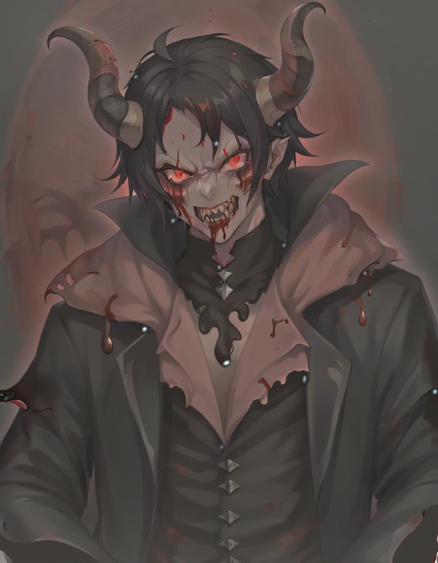  bloody demon, black horns, red eyes, completely covered in blood, sticker