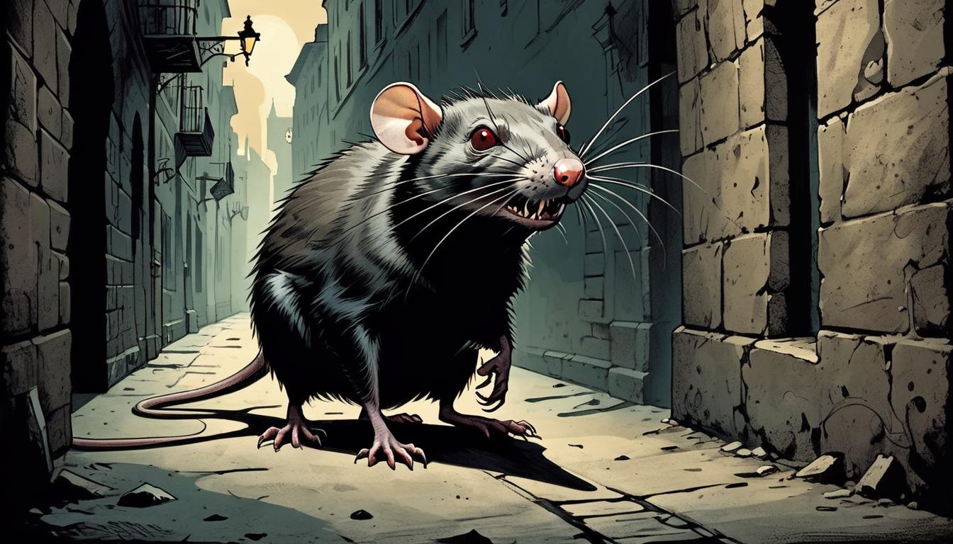  on parchment, surrealism+++, a sinister rat, beady eyes, sharp teeth, casting a long shadow, dark alleyway, urban decay, sense of menace, foreboding(mysterious, provocative, symbolic,muted color)+++