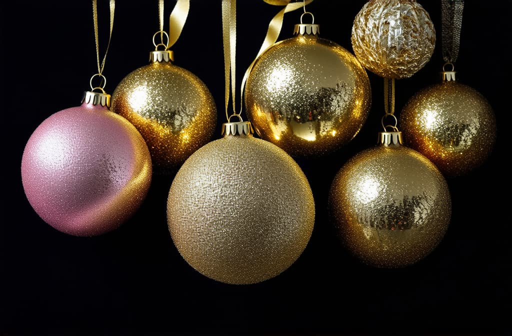  professional detailed photography, merry christmas celebration holiday background greeting card, golden pink christmas baubles balls as decoration, black background, space for design or text ar 3:2, (muted colors, dim colors, soothing tones), (vsco:0.3)