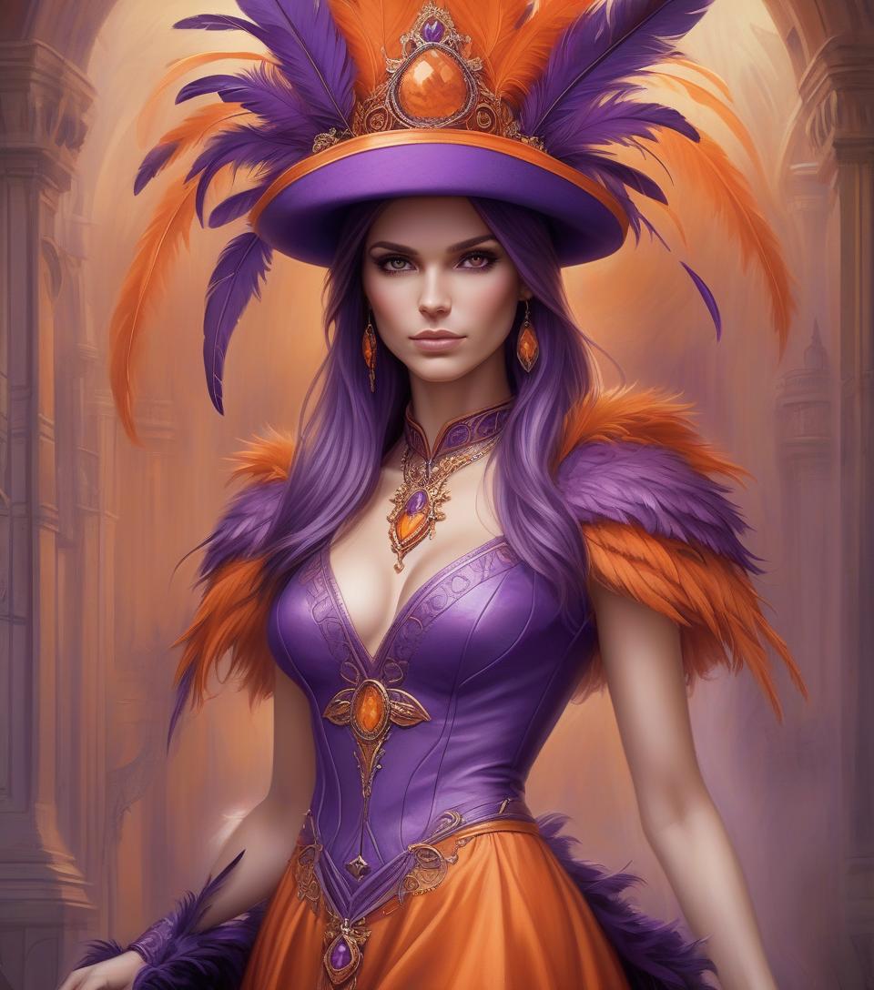  a woman wearing a purple and orange hat and dress with feathers on it's head and a purple dress with orange trim, anne stokes, fantasy art, orange, a detailed painting