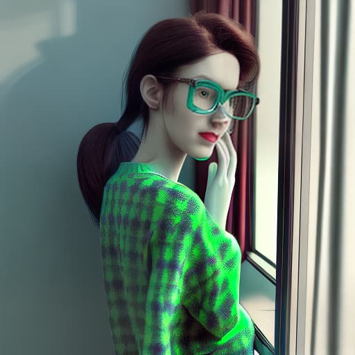 redshift style Woman in green sweater and checkered skirt posing for photo in front of window with hair in tail, MilaAzul, optical illusion, cute, color photography