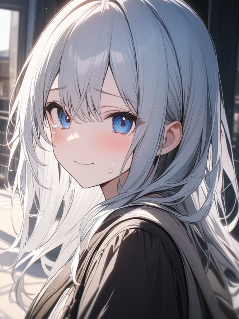  silver hair, , cute, blue eyes, smiles, , raised, crying, masterpiece, best quality,8k,ultra detailed,high resolution,an extremely delicate and beautiful,hyper detail