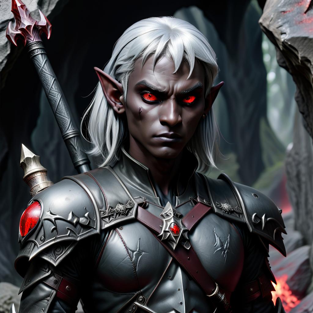  macabre style drow male elf cleric, dark grey graphite color skin, red eyes, silver medium haircut, black leather armor, battle mace, impudent arrogant rude expression, traveler shoulder bag, half body view, dark cave temple . dark, gothic, grim, haunting, highly detailed, civitai, hkmagic