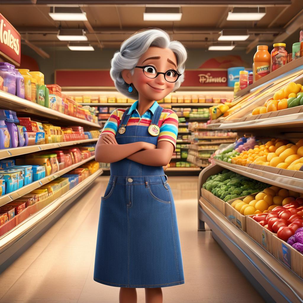  in 3d animated movie style. disney pixar style. fatima, old, curious, quick thinking, caring, wears colorful striped shirt, blue jeans, sneakers; grandmother, elderly, kind, patient, wise, in flowery dress, comfortable shoes, gles; store employee, , helpful, friendly, knowledgeable, in store uniform with badge, in cozy, well lit grocery store with shelves of various products in background. high resolution pixar 3d animated film style with detailed rendering, bright, soft lights, warm colors, focused on interaction between fatima, grandmother, and store employee from slightly elevated bird's eye view.