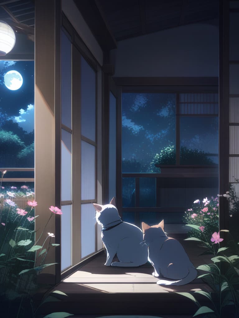  1cat ,japanese cat,nature,animal focus,looking outside from the japanese style room,cosmos field ,cat sitting on the porch ,cosmos field,full moon night,