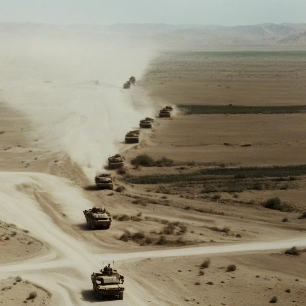  cinematic photo a desert in afghanistan. a sandy road, a column of military equipment moves along the road. a bird's eye view. . 35mm photograph, film, bokeh, professional, 4k, highly detailed