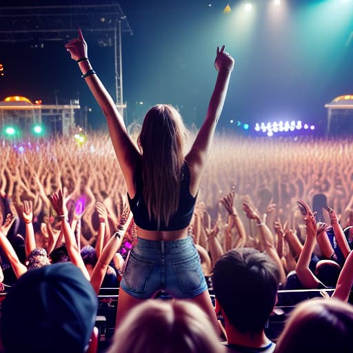  woman at electronic music concert stands in crowd and raises her right hand up