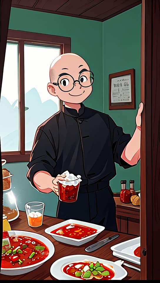  happy vietnamese bald man with black rimmed rectangular glassis standing in his stall pointing at vietnamese eggrol and holding a bottle of chili sauce. , (anime:1.15), HQ, Hightly detailed, 4k