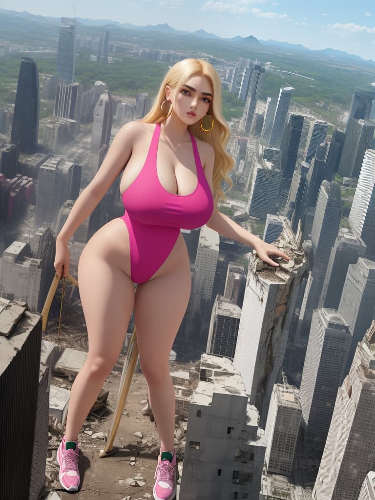  masterpiece, best quality, a giantess with arched eyebrows and a smirk, wearing a pink solid color one piece with high cut legs and side , stands among the destruction of a city. her huge s and wide hips contrast with her sneakers, hoop earrings, and long blonde hair. the cracks on the ground emphasize her mive size as she looks with her blue eyes down at the crushed buildings below. the aerial view captures the full body of the in 8k resolution, creating a best quality masterpiece of destruction and power. (photography, dramatic lighting, high resolution camera settings)