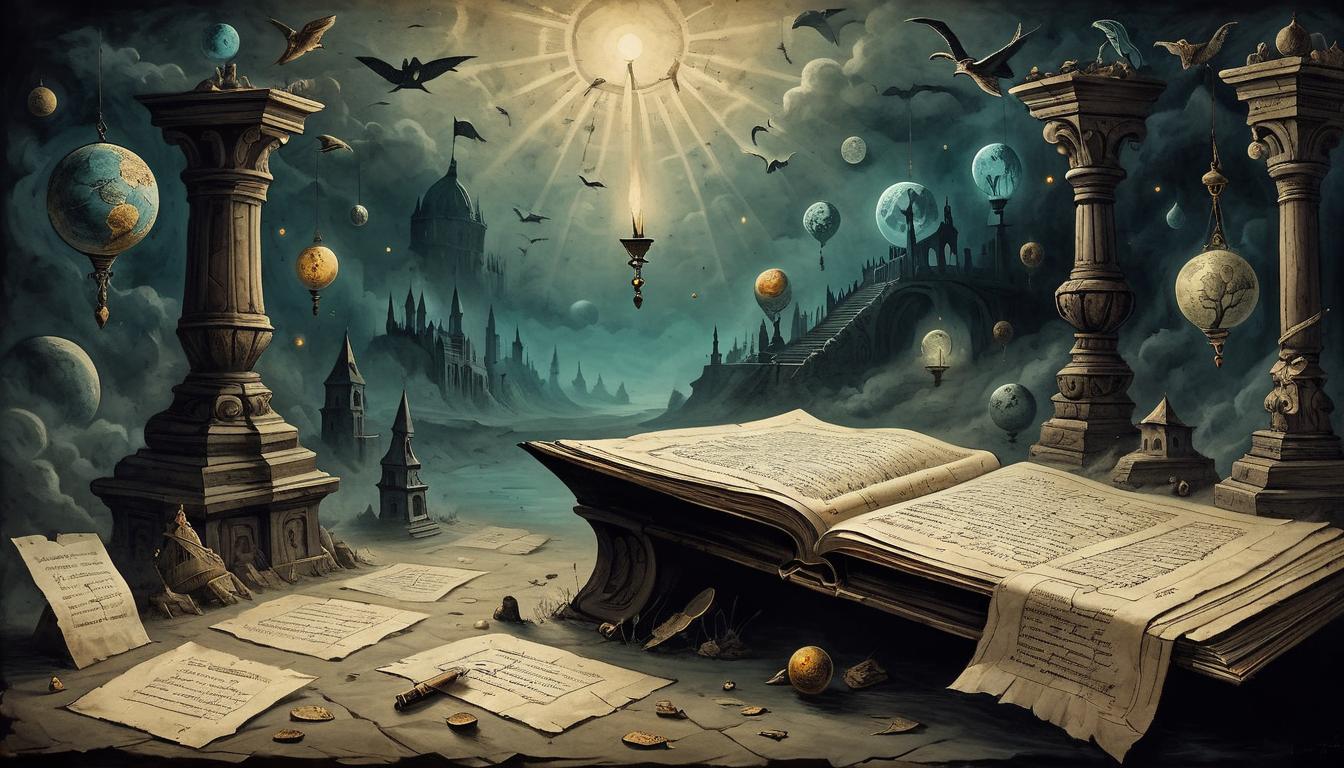  on parchment, surrealism+++, vivid scenes of missed chances flashing across dark background, each moment sharper and darker, regretful memories, intense remorse, painful recollections, relentless flashing moments(mysterious, provocative, symbolic,muted color)+++