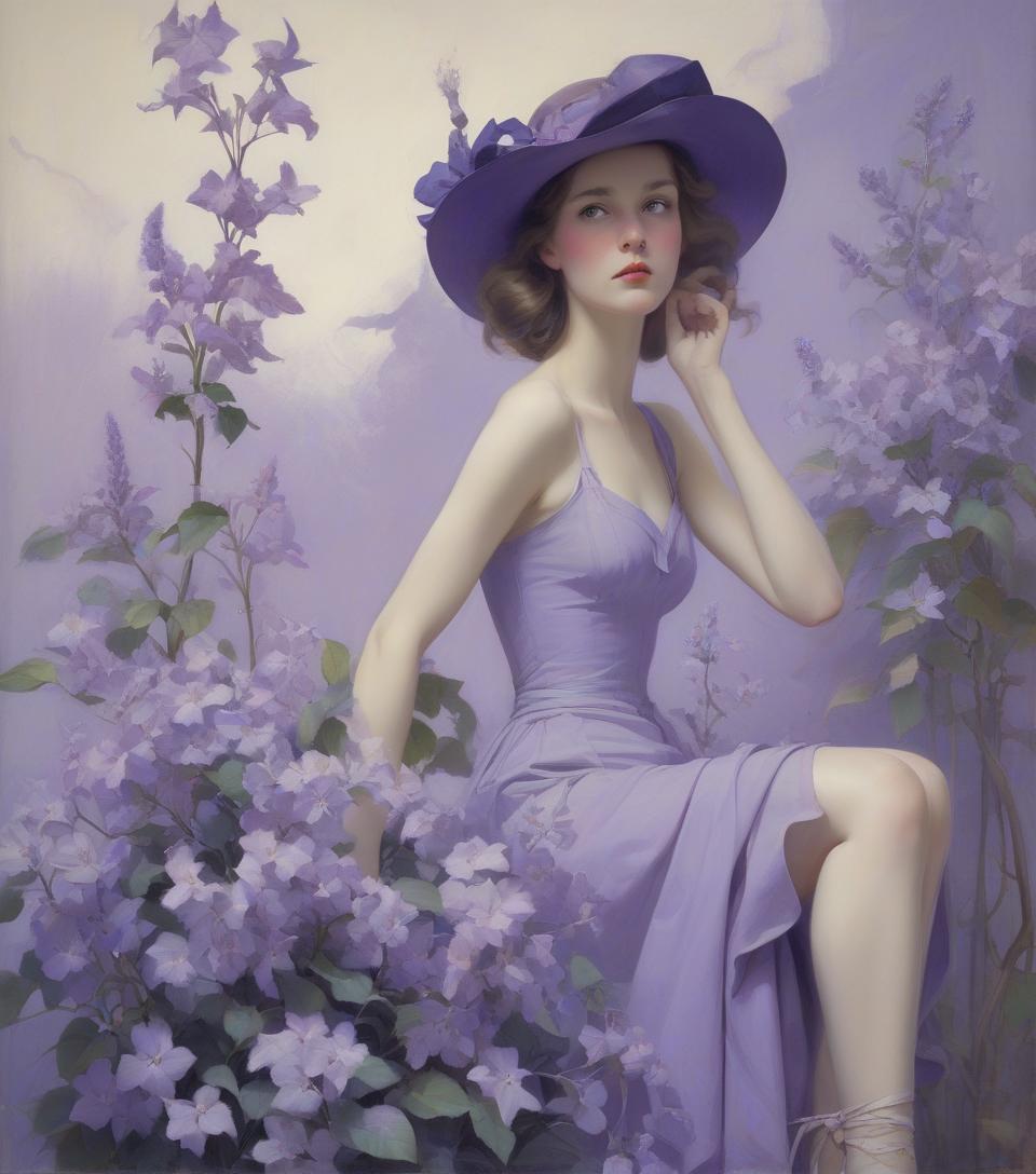  subject: artists: mann, gammell, kley, goldin, gerome, quentin blake, gibson, anne bachelier, alberto vargas, bouguereau, n.c. wyeth, rockwell, parrish, dan seagrave, hopper style: color palette: lilac, lavender, periwinkle techniques: details: idyllic, innocence, cinematic, painting, photo, portrait photography, conceptual art, illustration