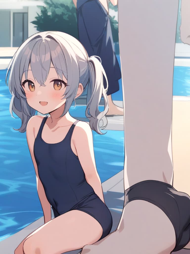  women's elementary students (male), twin tails, cute smiles, (rich s), low stature, dark blue swimwear, old swimwear, , simple (upward), male , (bulge), shaped clear , front , whole body, pool side,