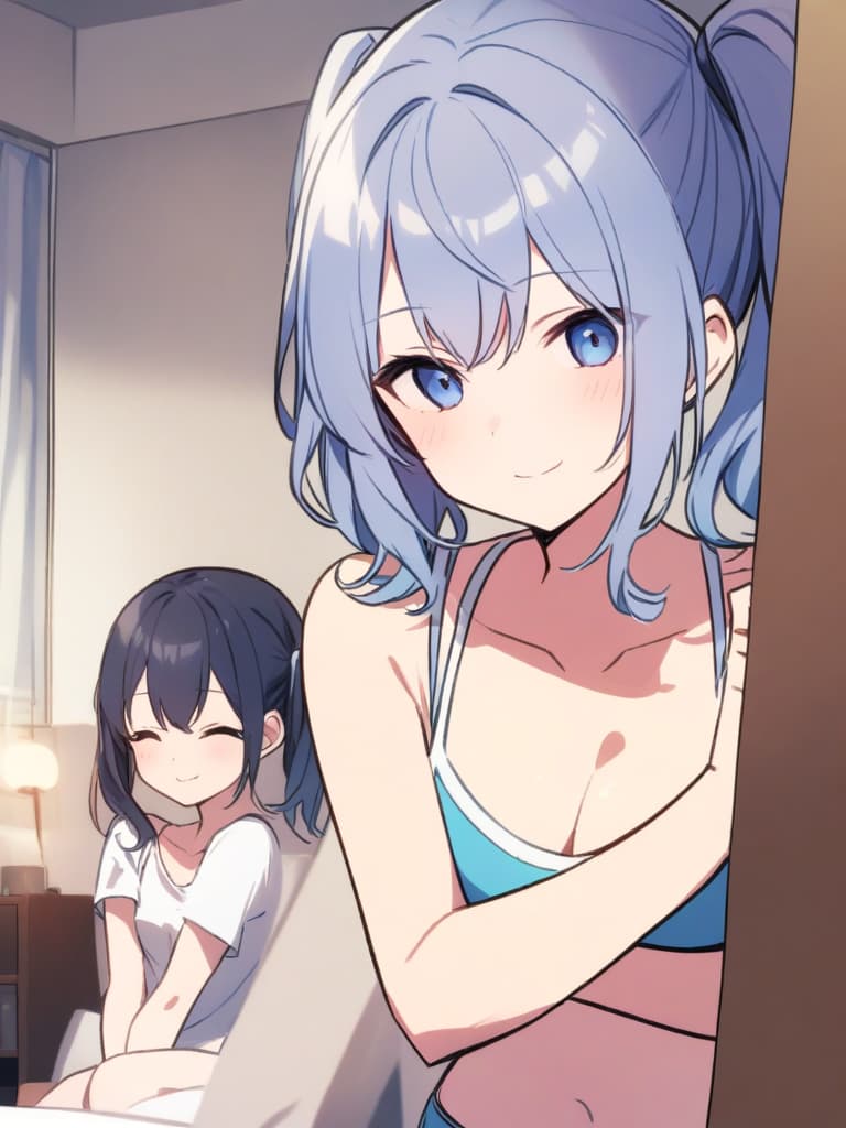   swimwear, twin tails, cute smiles, s, in room,