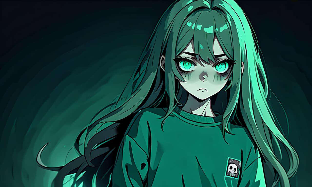  horror themed a girl in anime and pixel art style with long hair stands in the dark dressed in a dark green sweatshirt and pants. the girl looks into the darkness with black lower eyelids under the eyes of turquoise color full of fear of the unknown and curiosity. she's holding her hand in front of her. . eerie, unsettling, dark, spooky, suspenseful, grim, highly detailed