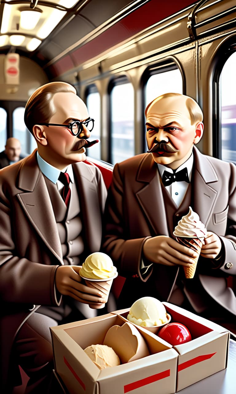  luxury product style trotsky and vladimir ilyich lenin in costumes of the early 20th century eat ice cream from boxes on the train. . elegant, sophisticated, high end, luxurious, professional, highly detailed