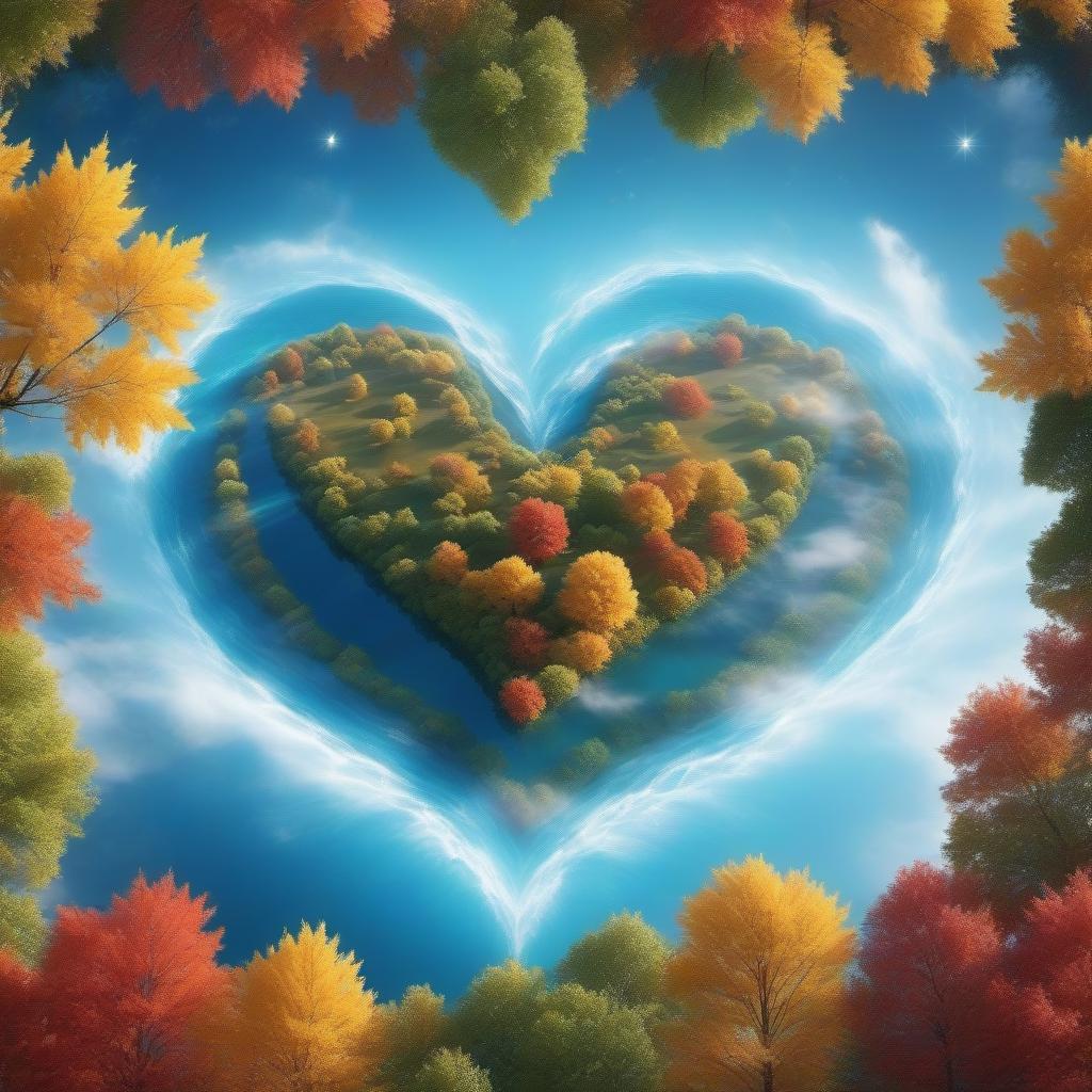  "Heart of water " on the background of an autumn landscape, a bright dynamic picture in the style of space art