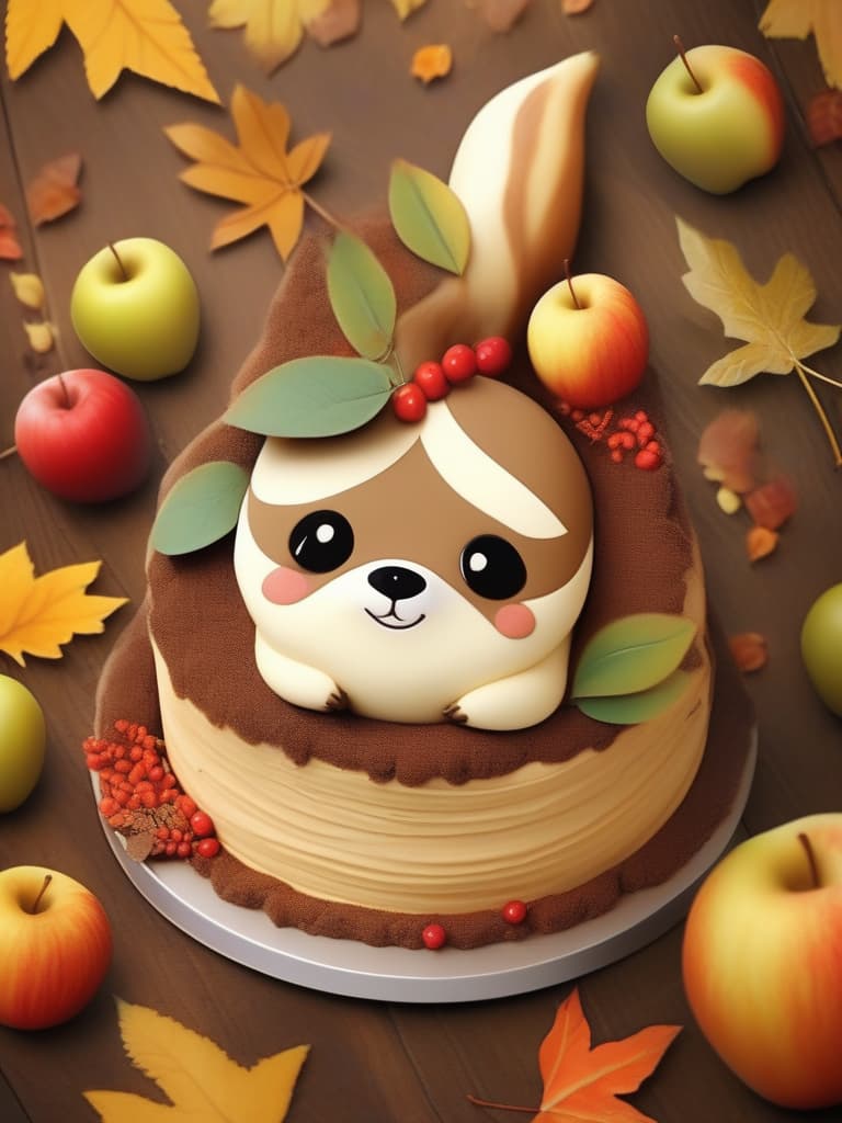  masterpiece! one cute sloth,smiling face,big mont blanc cake,gs,apples,autumn leaves,high quality,16k