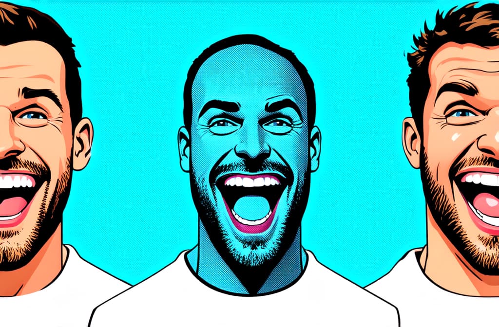  set of 3 faces of happy excited caucasian men isolated on white background, close up, funny cartoon illustration ar 3:2 {prompt}, maximum details