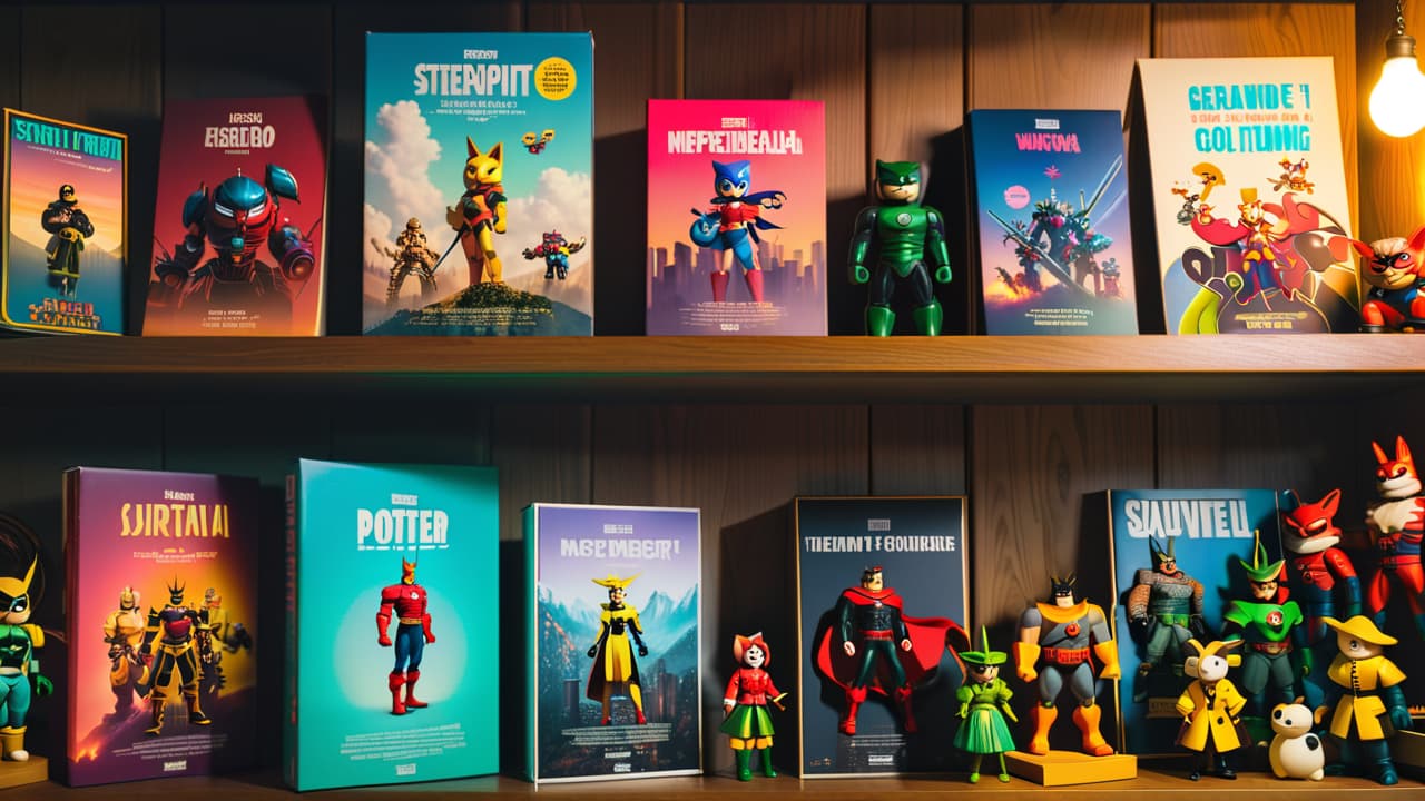  a vibrant display of rare anime figures, meticulously arranged on wooden shelves, illuminated by soft, warm lighting, with a backdrop of colorful posters and collectible boxes, evoking a sense of nostalgia and value. hyperrealistic, full body, detailed clothing, highly detailed, cinematic lighting, stunningly beautiful, intricate, sharp focus, f/1. 8, 85mm, (centered image composition), (professionally color graded), ((bright soft diffused light)), volumetric fog, trending on instagram, trending on tumblr, HDR 4K, 8K