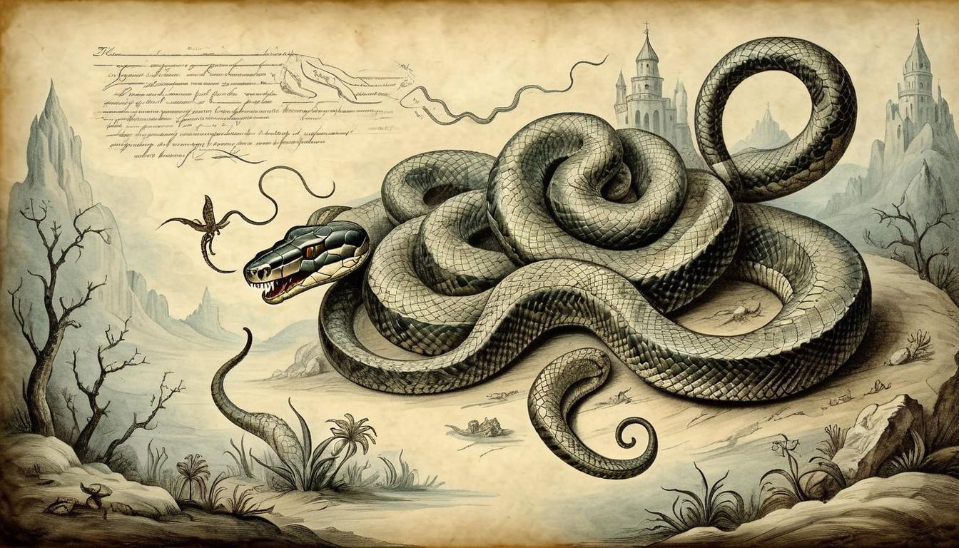  on parchment, surrealism+++, venomous snakes transforming into radiant path, leading upwards, divine transformation(mysterious, provocative, symbolic,muted color)+++