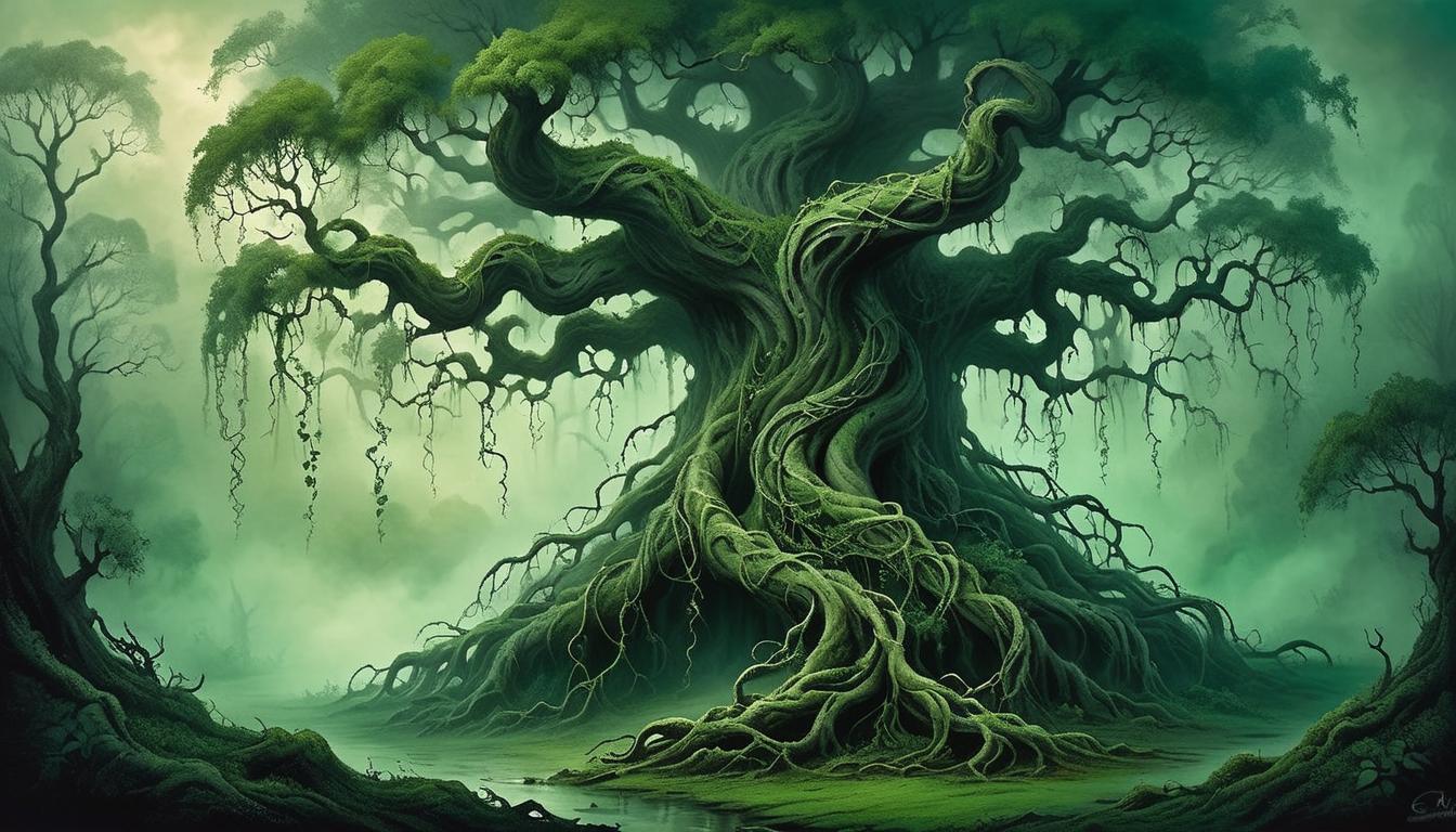  on parchment, surrealism+++, twisting, gnarled tree enveloped in deep green mist, entangled vines displaying sculptural roots, ominous and foreboding feel(mysterious, provocative, symbolic,muted color)+++