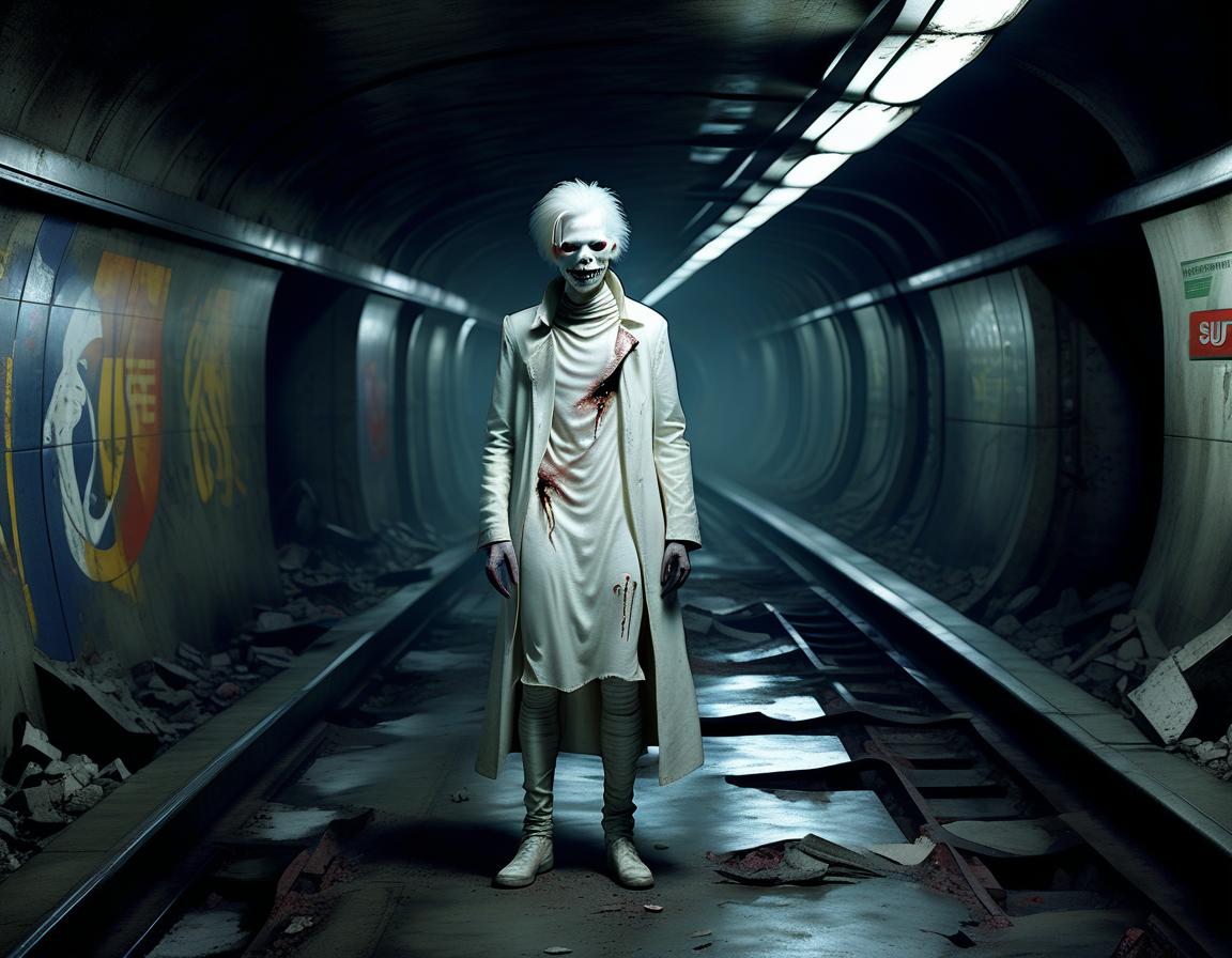  a realistic albino ghoul in the tunnels of the destroyed subway from the game of subway 2033