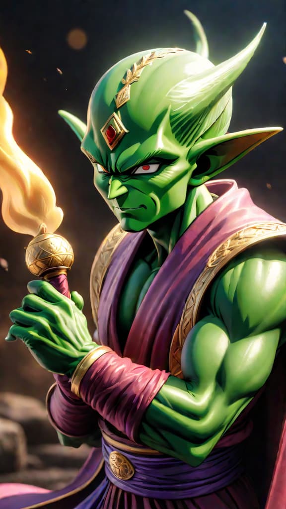  anime art: piccolo's permanent fusion with nail & kami, combining strength, wisdom, and combat skills. hyperrealistic, full body, detailed clothing, highly detailed, cinematic lighting, stunningly beautiful, intricate, sharp focus, f/1. 8, 85mm, (centered image composition), (professionally color graded), ((bright soft diffused light)), volumetric fog, trending on instagram, trending on tumblr, HDR 4K, 8K