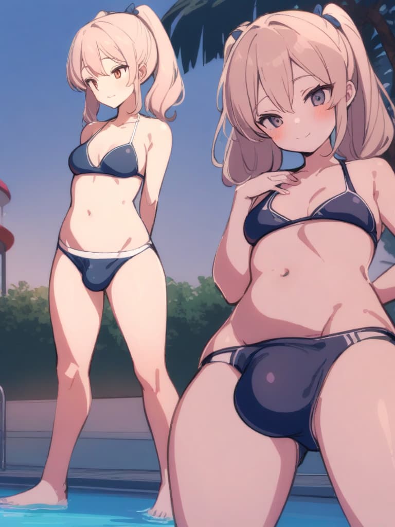  women's elementary students (male), twin tails, cute smiles, rich s, low stature, dark blue swimwear, old swimwear, , simple, , (bulge), male (bulging), front, whole body, pool side,